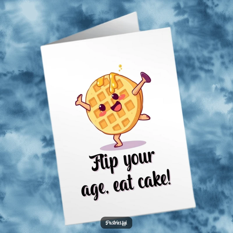 Funny Free Printable Birthday Card: Playful waffle character doing a syrup-dripping cartwheel, spreading joy and laughter.