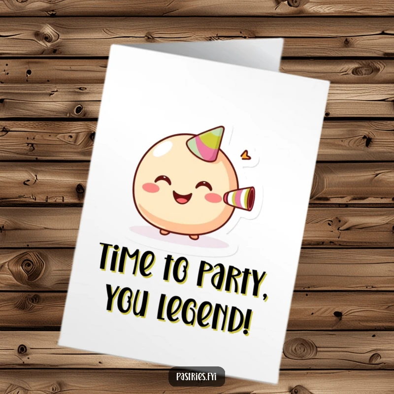 Funny free printable birthday card: A giggling macaroon with a wide grin blowing a tiny party horn with festive flair.