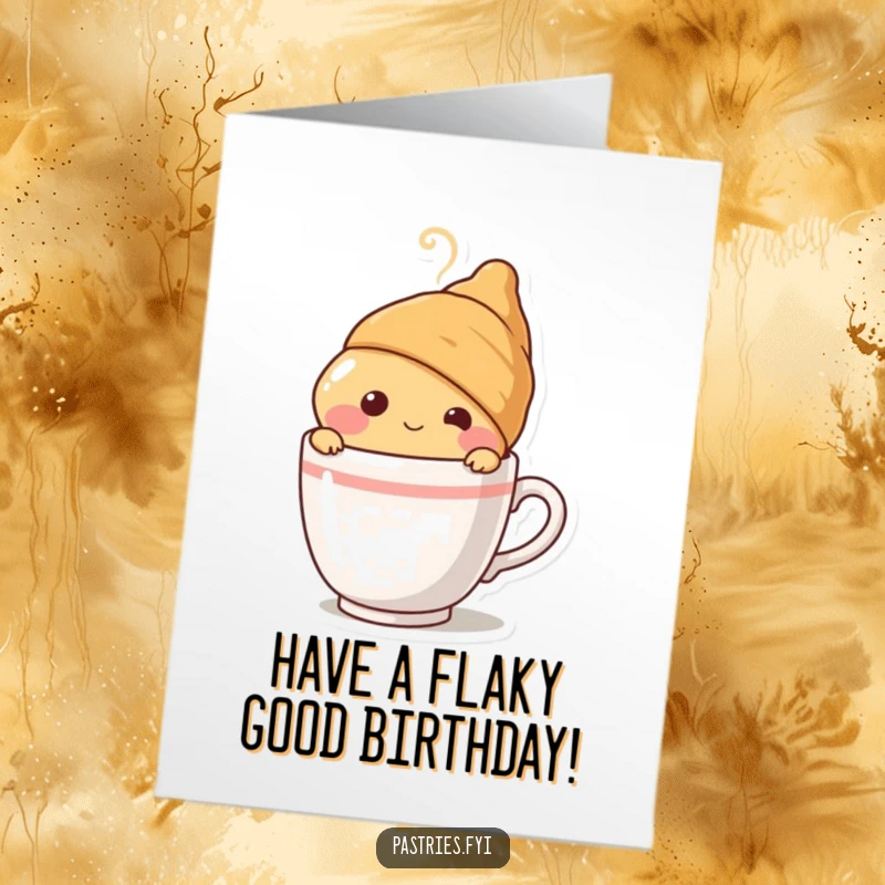 Funny Free Printable Birthday Card: A blushing croissant peeking from behind a steaming coffee cup, wishing a warm and happy birthday.