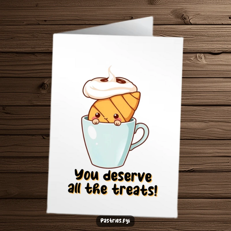 Funny Free Printable Birthday Card: A shy croissant character peeking with wide eyes from behind a large coffee cup.