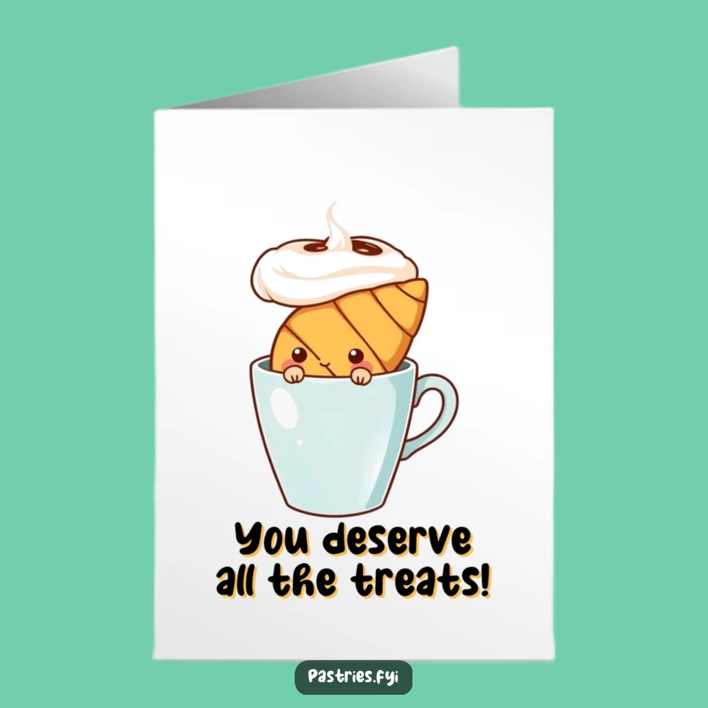 Free Printable Birthday Card: Shy Croissant Coffee Peek, Humorous Downloadable Gift