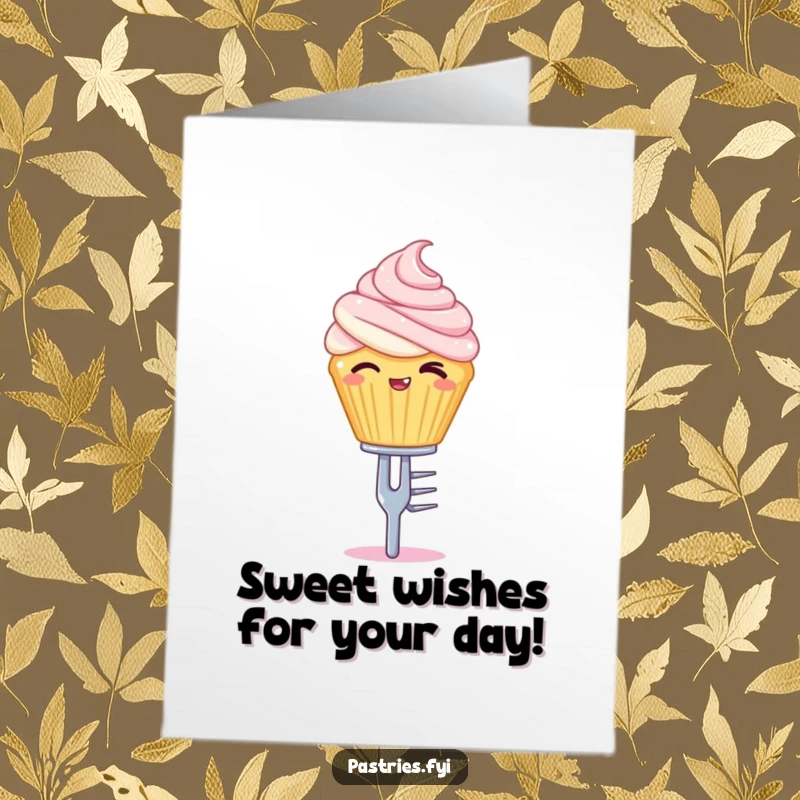 Funny Free Printable Birthday Card of a winking cupcake character skillfully balancing on a tiny silver fork.