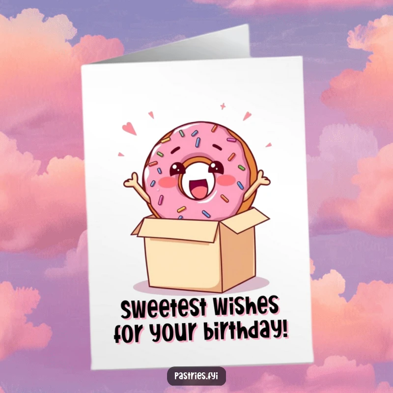 Funny free printable birthday card of a cheerful donut character with sprinkles, excitedly bursting out of a gift box for a sweet celebration.