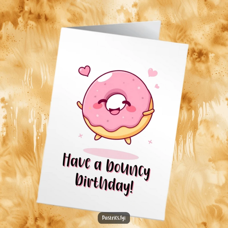 Funny Free Printable Birthday Card: A giggling jelly donut character bounces energetically like a happy ball.