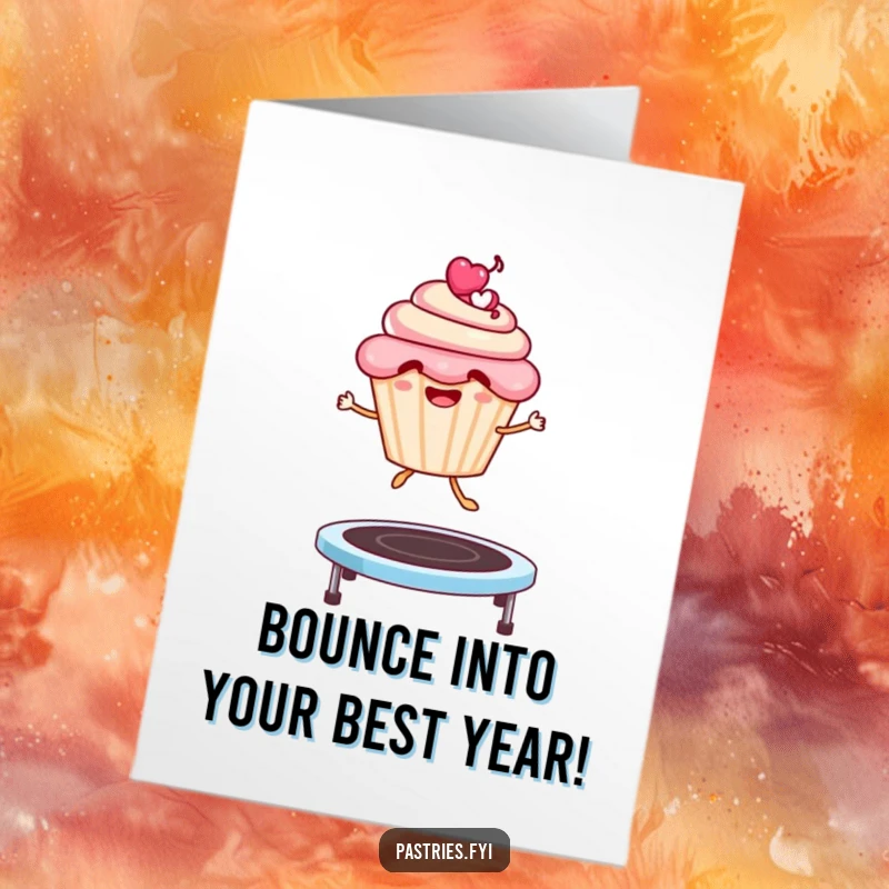 Funny Free Printable Birthday Card: A happy cupcake gleefully bounces high on a springy trampoline, ready to celebrate.