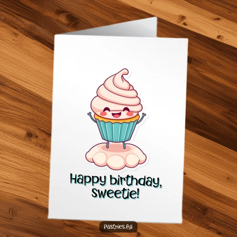 Free Printable Birthday Card shows a smiling cupcake character gleefully bouncing on its fluffy frosting, radiating pure birthday joy.