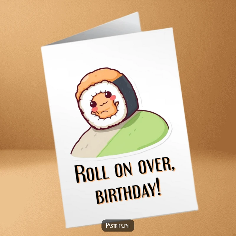 Funny Free Printable Birthday Card featuring a sushi roll playfully rolling down a hill with a big grin.