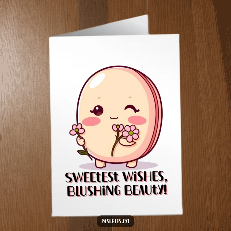 Funny Free Printable Birthday Card featuring a shy macaron character blushing and holding a tiny flower, exuding sweetness.