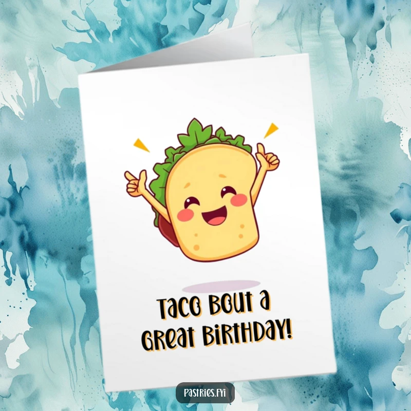Funny Free Printable Taco Birthday Card: Cheerful taco character performing an energetic, triumphant victory dance.