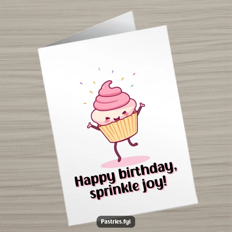 Funny Free Printable Birthday Card: A smiling cupcake doing a cartwheel with sprinkles flying, celebrating happiness.