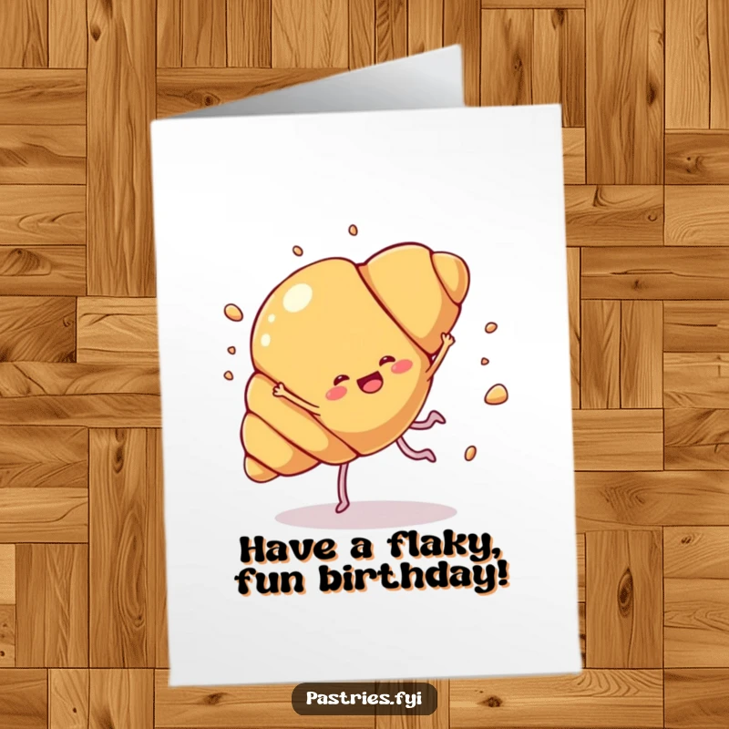 Funny Free Printable Birthday Card: A croissant character with legs does a cartwheel, sending flakes flying.