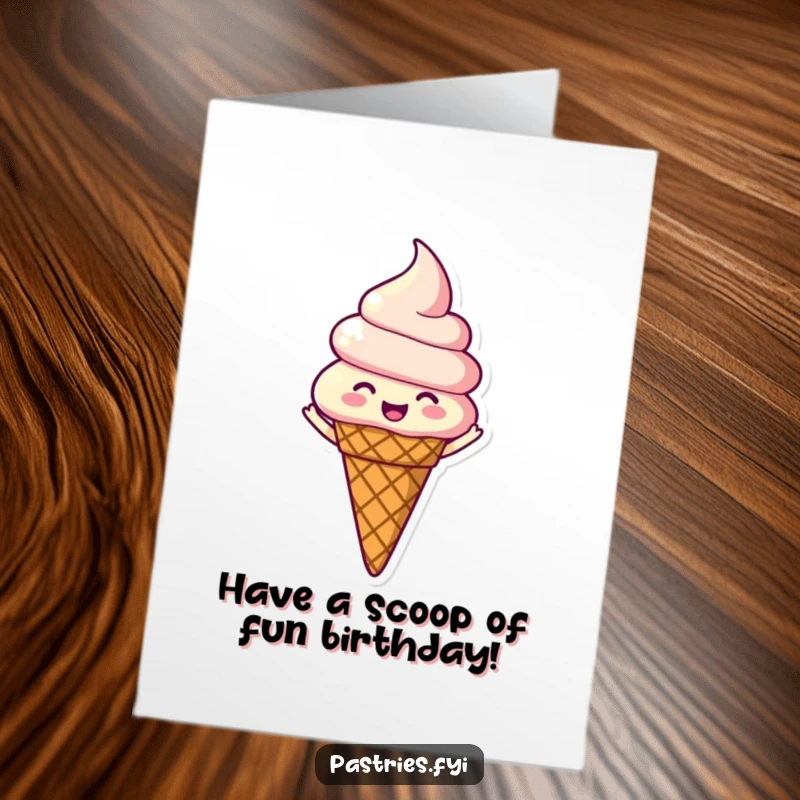Funny Free Printable Birthday Card: An ice cream cone character joyfully spinning, celebrating a cool birthday with enthusiasm.