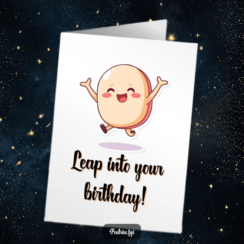 Free Printable Birthday Card featuring a happy macaron character energetically leaping high in the air with excitement.