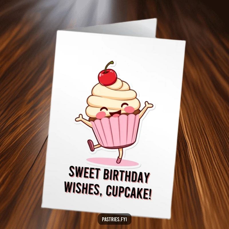 Funny Free Printable Birthday Card: A smiling cupcake with a cherry on top doing a cartwheel, celebrating a fantastic birthday with pure delight.