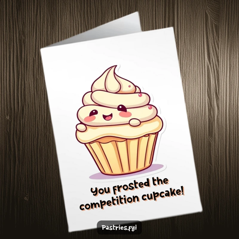 Funny free printable congratulations card: a happy cupcake character slides down a frosting slope, expressing joy.