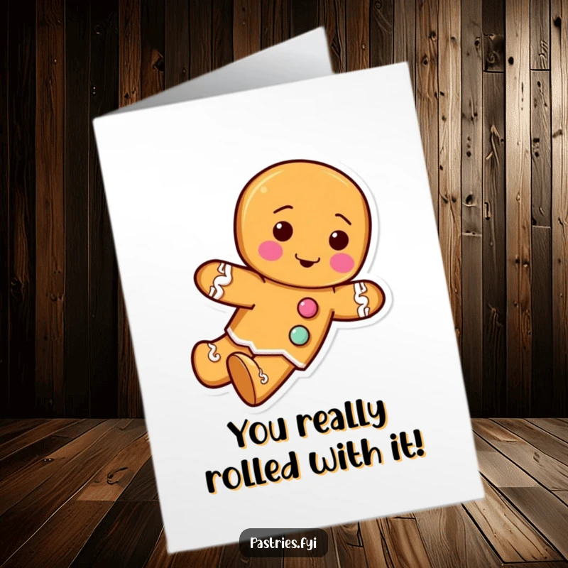 Funny Free Printable Congratulations Card showing a gingerbread man with button details, caught mid-tumble with pure joy.