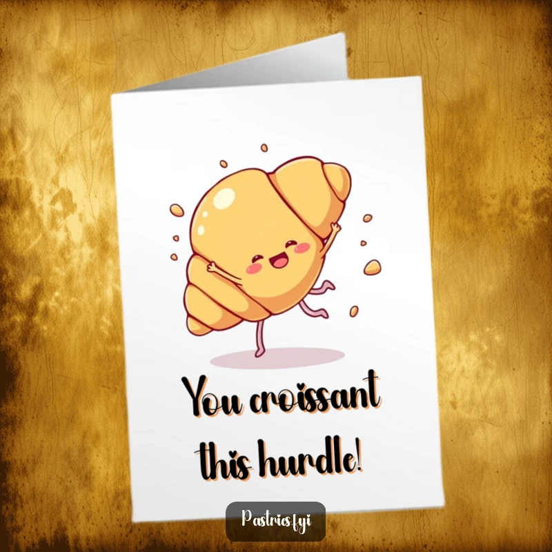 Funny Free Printable Congratulations Card: A croissant character with legs performs a triumphant cartwheel of congratulations.