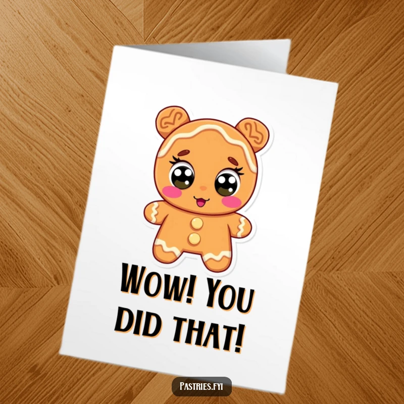 Funny Free Printable Congratulations Card: A gingerbread cookie with wide icing eyes expresses pure surprise and joy.