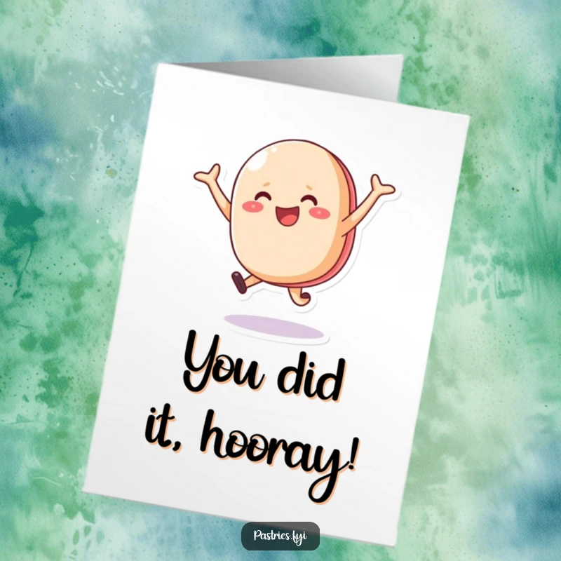 Free Printable Congratulations Card showing a jubilant macaron character mid-air, celebrating a wonderful achievement with utter glee.