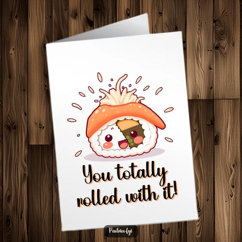 Funny Free Printable Sushi Congratulations Card: Ecstatic sushi character doing a victory dance, spraying rice with excitement.