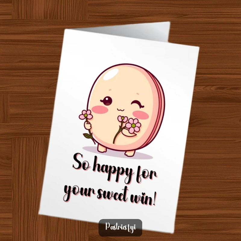 Funny Free Printable Congratulations card with a shy macaron character blushing and offering a small flower, a sweet sentiment.