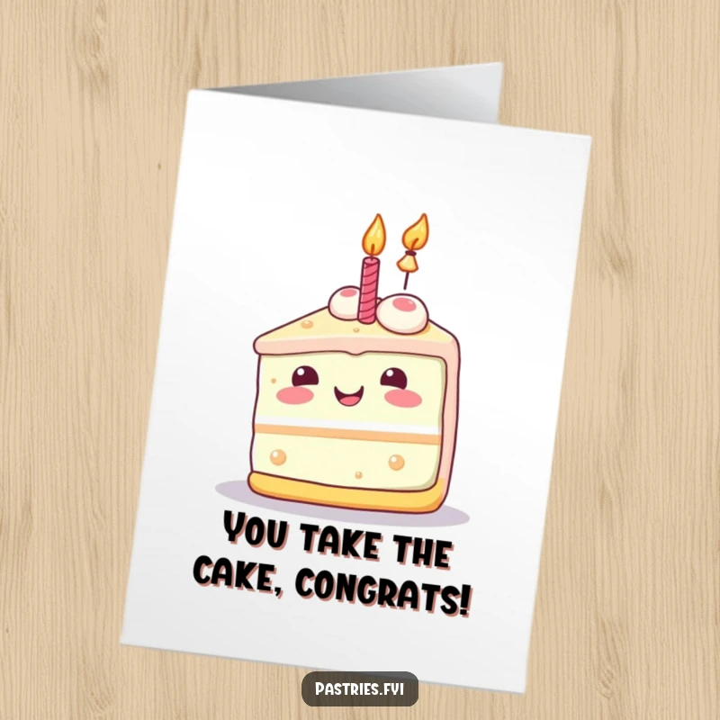 Joyful Free Printable Congrats Card: A happy Kawaii slice of cake with a lit candle, celebrating a sweet success.