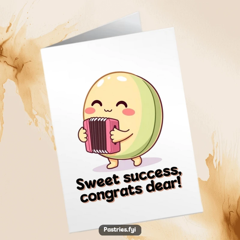 Funny Free Printable Macaron Congratulations Card: A round macaron character playing an accordion with celebratory enthusiasm.