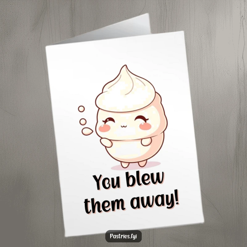 Funny Free Printable Congratulations Card: A shy meringue character offering a delicate puff of air to celebrate achievements.