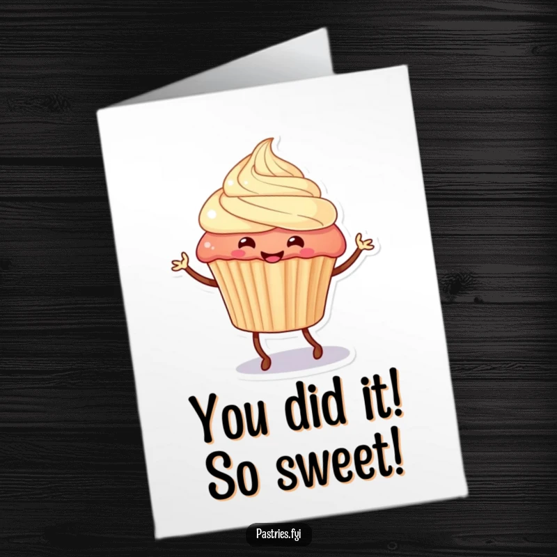 Funny Free Printable Congratulations Card: A smiling cupcake with legs performing a celebratory jig, ideal for any happy occasion.