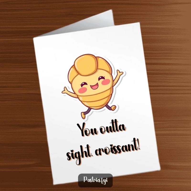 Free Printable Congratulations Card featuring a happy croissant character joyfully leaping in celebration.