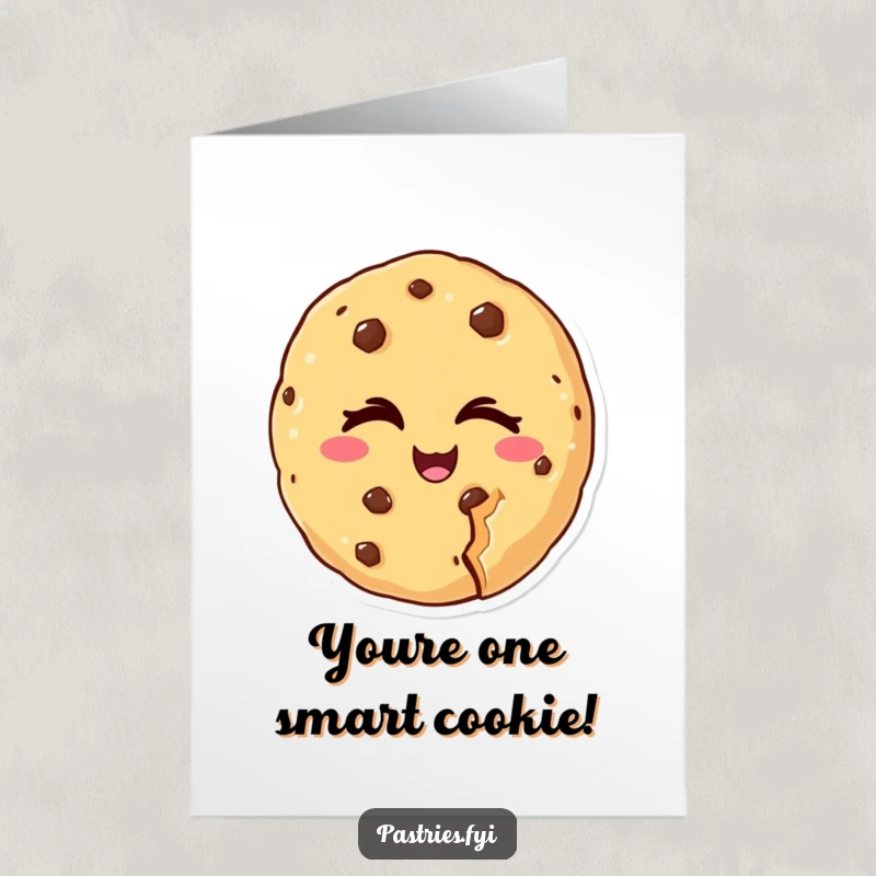 Funny free printable congratulations card: a cookie character with a noticeable bite missing winks slyly to celebrate.