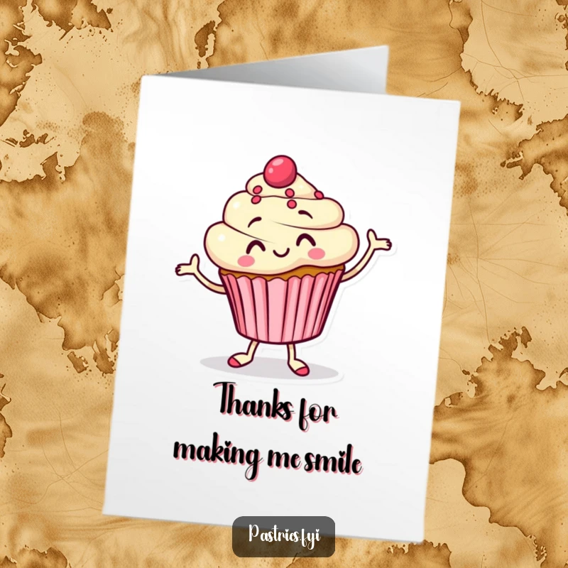 Funny Free Printable Thank You Card: A smiling cupcake character doing a silly jig to express thanks.