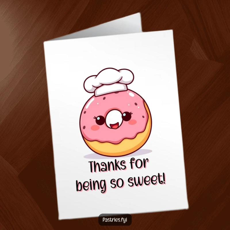 Funny Free Printable Thank You Card: A cheerful donut character in a chef hat offers thanks with a warm, sweet smile.