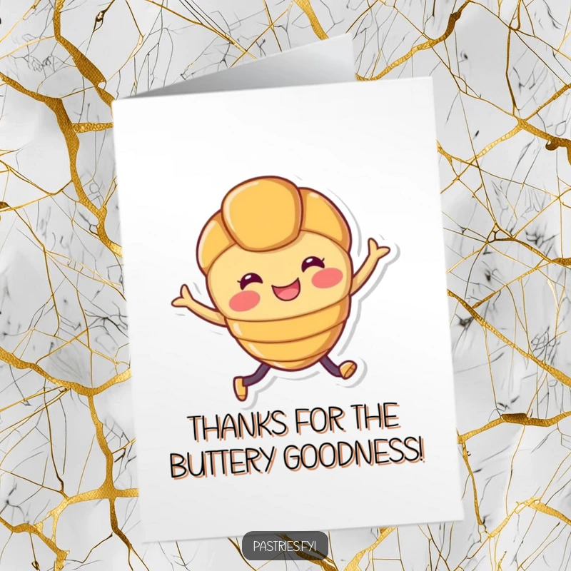 Funny Free Printable Thank You Card showing a croissant character joyfully leaping with gratitude.