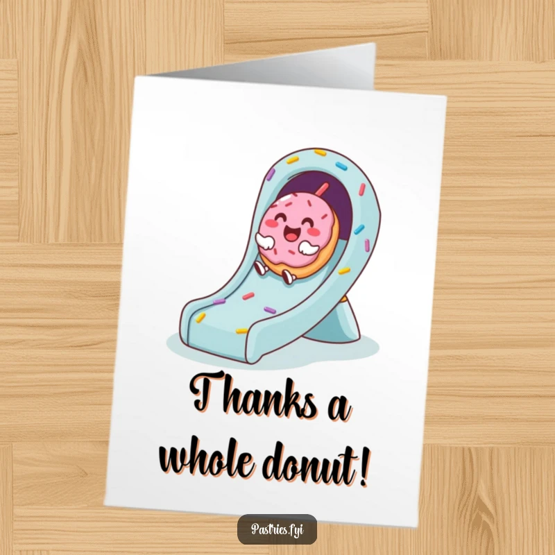 Funny Free Printable thank you card featuring a giggling donut character sliding down sprinkles, expressing sweet gratitude.