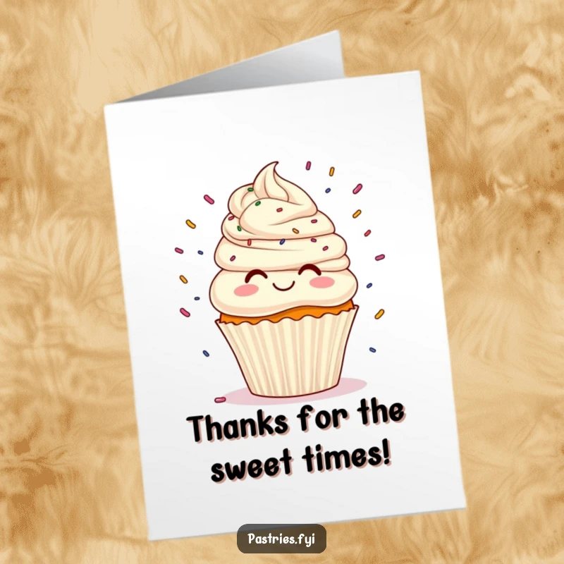 Funny Free Printable Thank You Card: A smiling cupcake with frosting hair juggling sprinkles, expressing gratitude humorously.