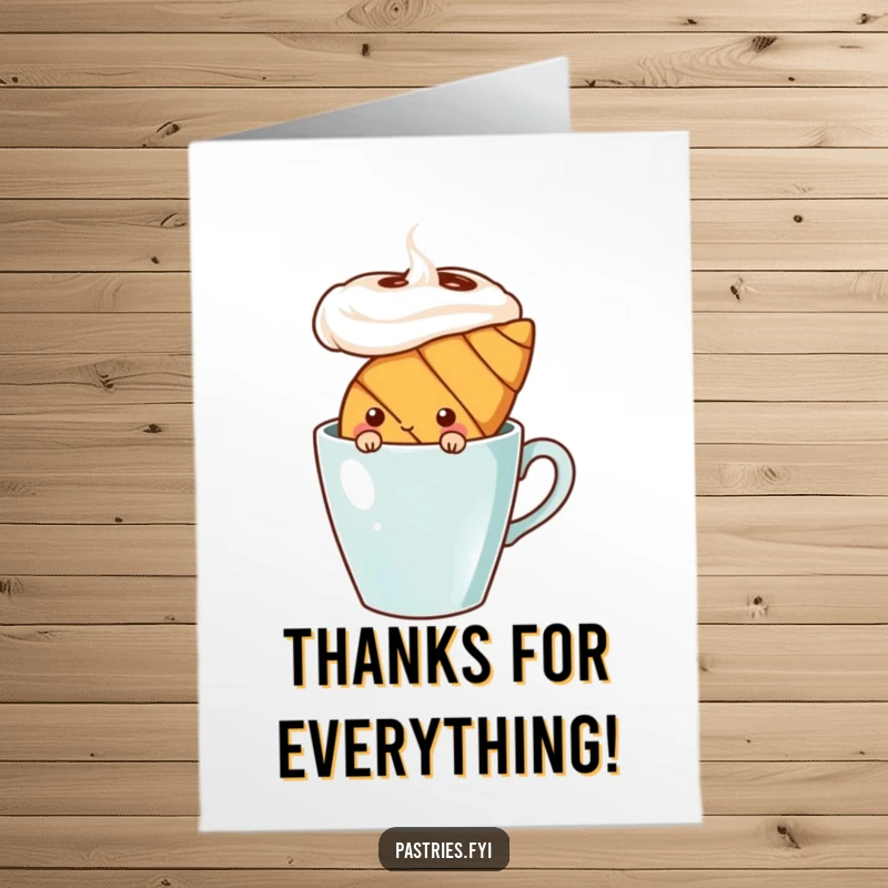 Funny Free Printable Thank You Card: A shy croissant character peeking shyly from behind a giant coffee mug.