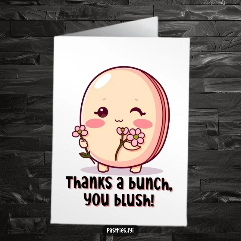 Funny Free Printable Thank You card showcasing a shy macaron character blushing and holding a delicate flower, a sweet gesture.