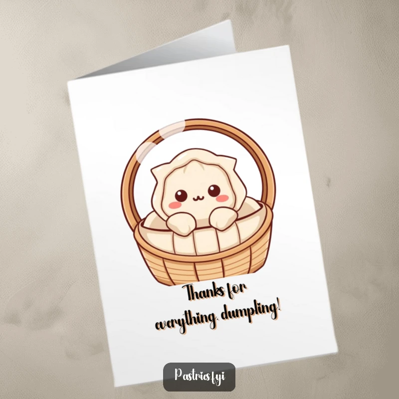 Cute Free Printable Thank You Card: A curious Kawaii dumpling peeking from its basket, expressing quiet gratitude.
