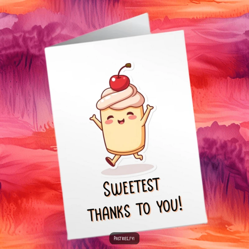 Funny free printable thank you card: a pastry character dances with gusto, a cherry on top adding to the cheer.