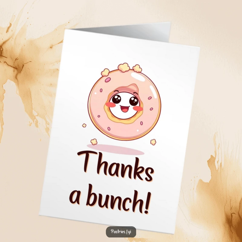 Funny free printable thank you card with a giggling donut hole character bouncing like popcorn, a fun way to express thanks.