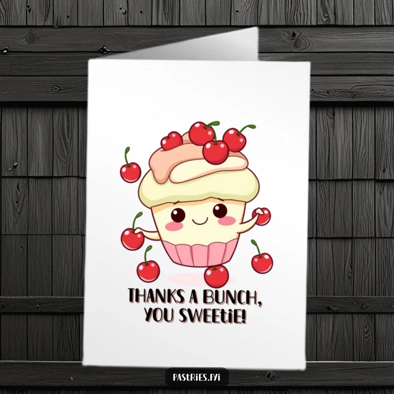 Funny Free Printable Thank You Card with a smiling cupcake juggling bright red cherries, conveying heartfelt thanks easily.