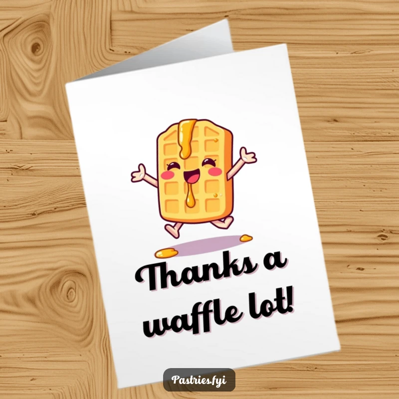 Funny Free Printable Thank You Card with a happy waffle character doing a jumping jack, syrup dripping everywhere.