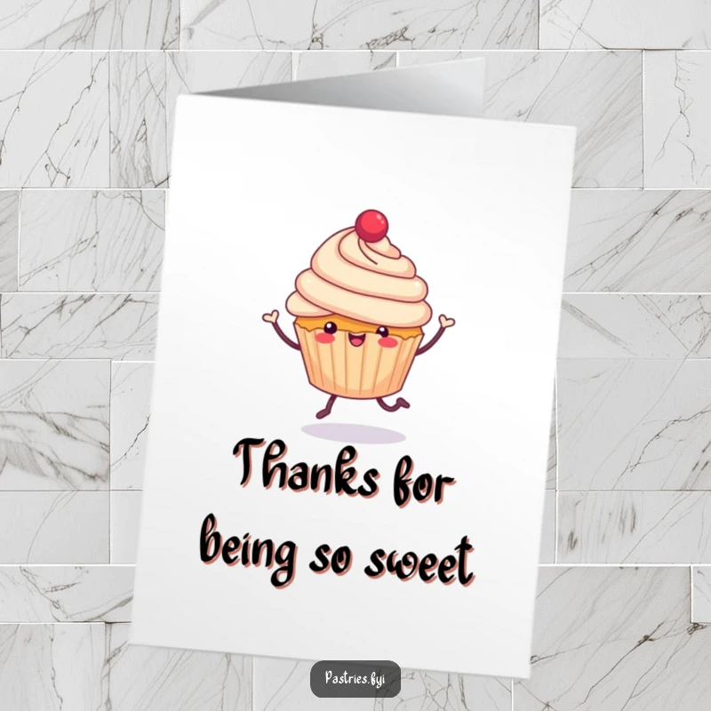Funny Free Printable Thank You Card: A cheerful cupcake with tiny legs, doing a jubilant hop to express sincere thanks.