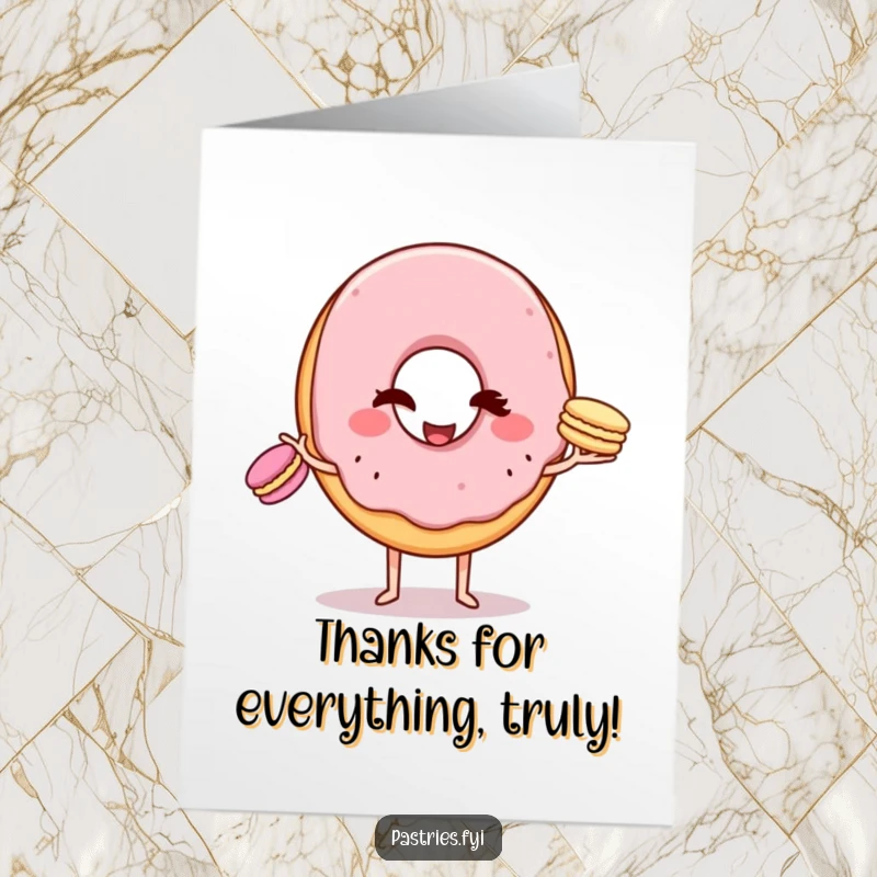 Funny Free Printable Thank You Card: A winking donut character balances three macarons while juggling, saying thank you.