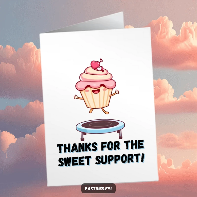 Funny Free Printable Thank You Card: A cheerful cupcake character is mid-air, joyfully jumping on a trampoline.
