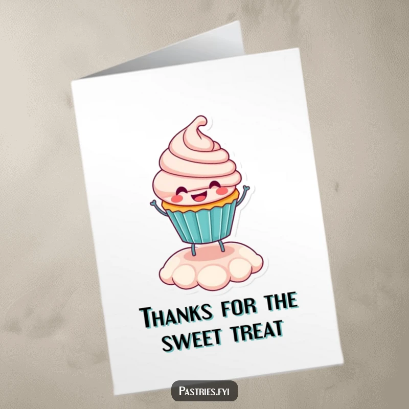 Free Printable Thank You Card with a happy cupcake character bouncing on frosting, conveying sweet and cheerful thanks with every jiggle.