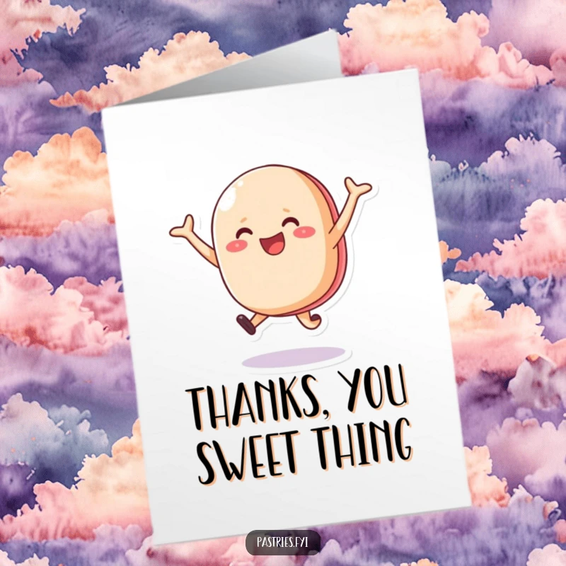 Free Printable Thank You Card with a happy macaron character in a joyful leap, expressing heartfelt thanks with sugary delight.