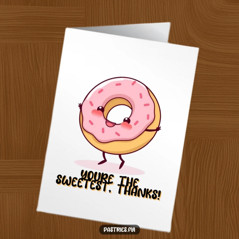 Funny free printable thank you card: A happy donut with tiny legs doing a cartwheel, conveying heartfelt thanks.