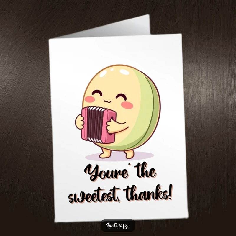 Funny Free Printable Macaron Thank You Card: A round macaron character playing a tiny accordion with thankful flair.